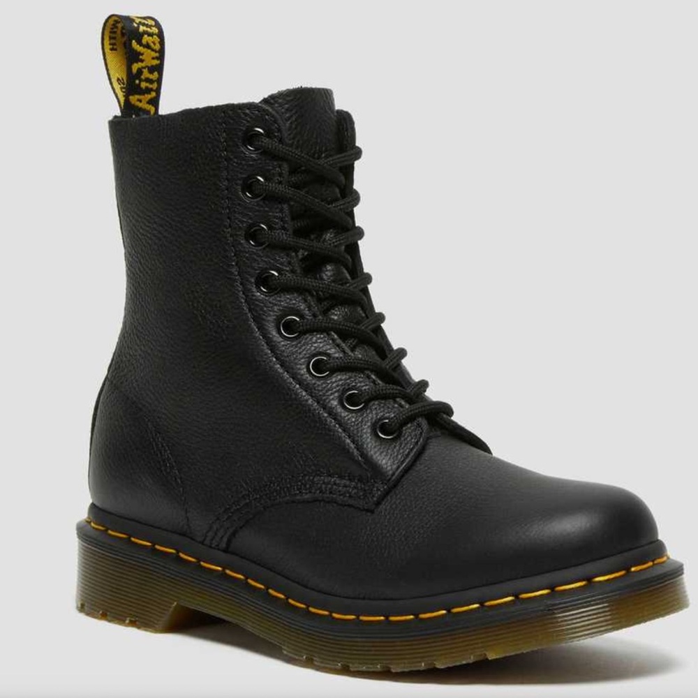 Dr. Martens Black Leather Combat Boots with Yellow Stitching